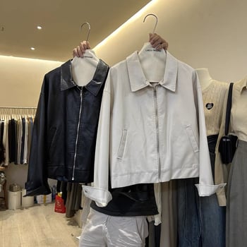 Jakna od umjetne kože za motocikle, polo ovratnik, zatvarač, dugi rukavi, ležernog kroja, poliester materijal (50-70% poliester)