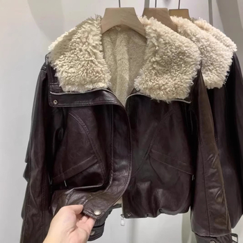 Ženska PU kožna jakna s reverom, prednji zip i krzneni ovratnik, moto stil