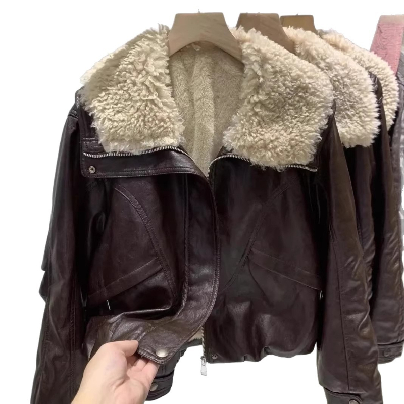 Ženska PU kožna jakna s reverom, prednji zip i krzneni ovratnik, moto stil