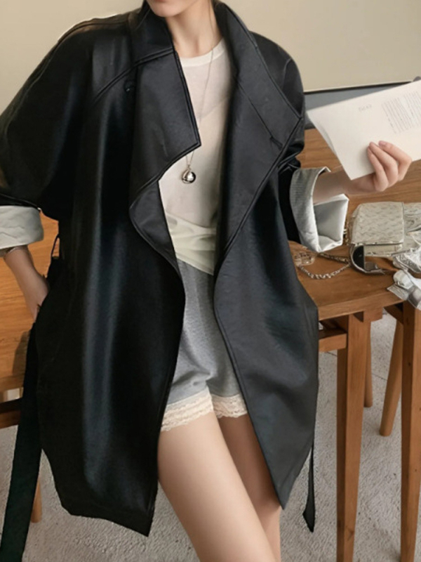 PU kožna jakna za žene, korejski stil, stojeći ovratnik, vezanje sprijeda, s pojasom