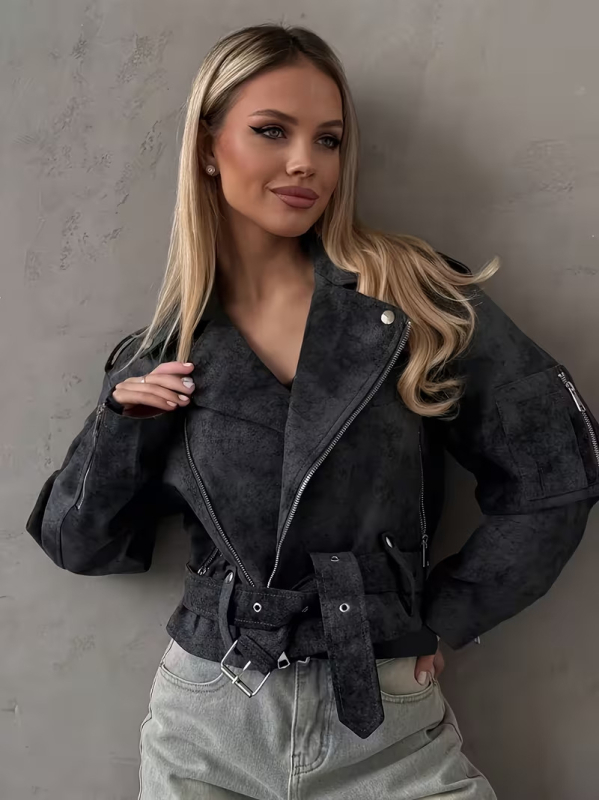 Ženska kratka PU kožna jakna s reverom (lapel), zatvarač, dugi rukavi