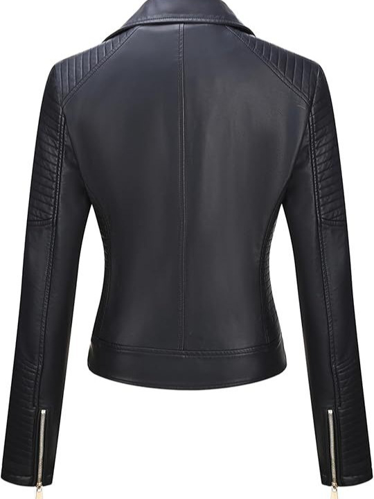 Ženska PU kožna jakna s reverom i zipom, struk, dugi rukavi – gradski stil (PU umjetna koža, rever, zip, struk, dugi rukavi)