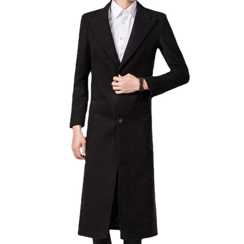 Palton lung din lână, stil coreean, croială slim, guler tip costum