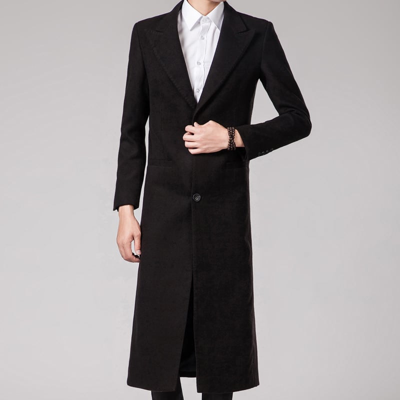 Palton lung din lână, stil coreean, croială slim, guler tip costum