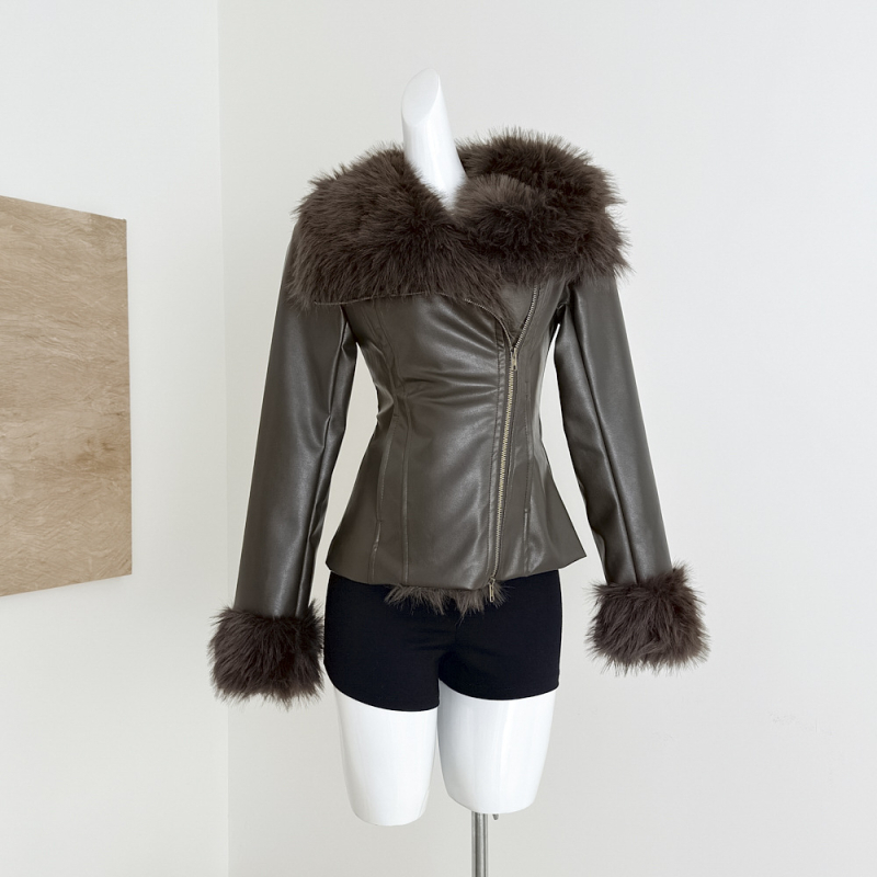 Ženska jakna od umjetne kože (Faux Leather, Slim Fit, Nagnuti ovratnik, Zipper, Standardna duljina)