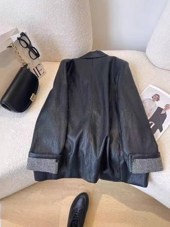 Ženska PU kožna jakna, polo ovratnik, dvostrano kopčanje, dugi rukavi, srednja duljina, proljeće 2025, elegantan poslovni stil