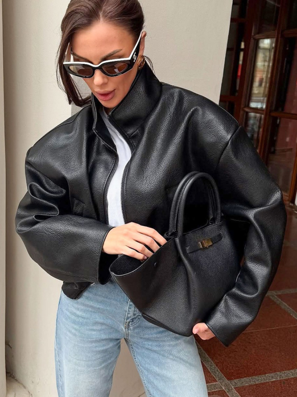 Ženska jakna od umjetne kože - stojeći ovratnik, zip sprijeda, kratka duljina, mješavina poliestera/PU, gradski stil