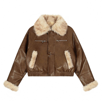 Ženska jakna od lažne PU kože sa fleece podstavom, ovratnik s reverom, zatvarač, ¾ rukavi, gradski hipster stil