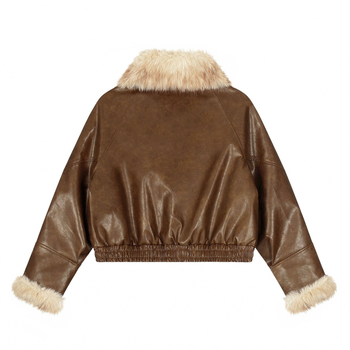 Ženska jakna od lažne PU kože sa fleece podstavom, ovratnik s reverom, zatvarač, ¾ rukavi, gradski hipster stil
