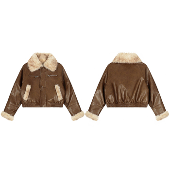 Ženska jakna od lažne PU kože sa fleece podstavom, ovratnik s reverom, zatvarač, ¾ rukavi, gradski hipster stil