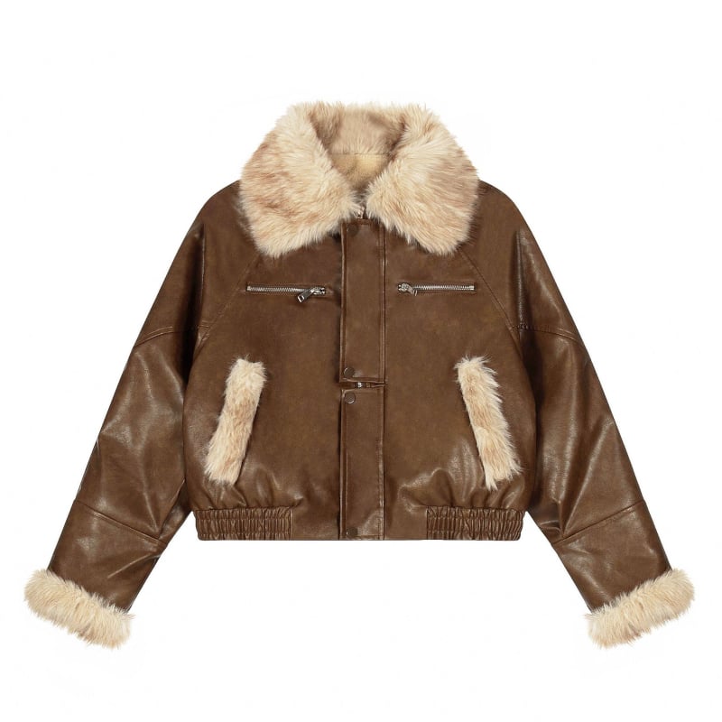 Ženska jakna od lažne PU kože sa fleece podstavom, ovratnik s reverom, zatvarač, ¾ rukavi, gradski hipster stil