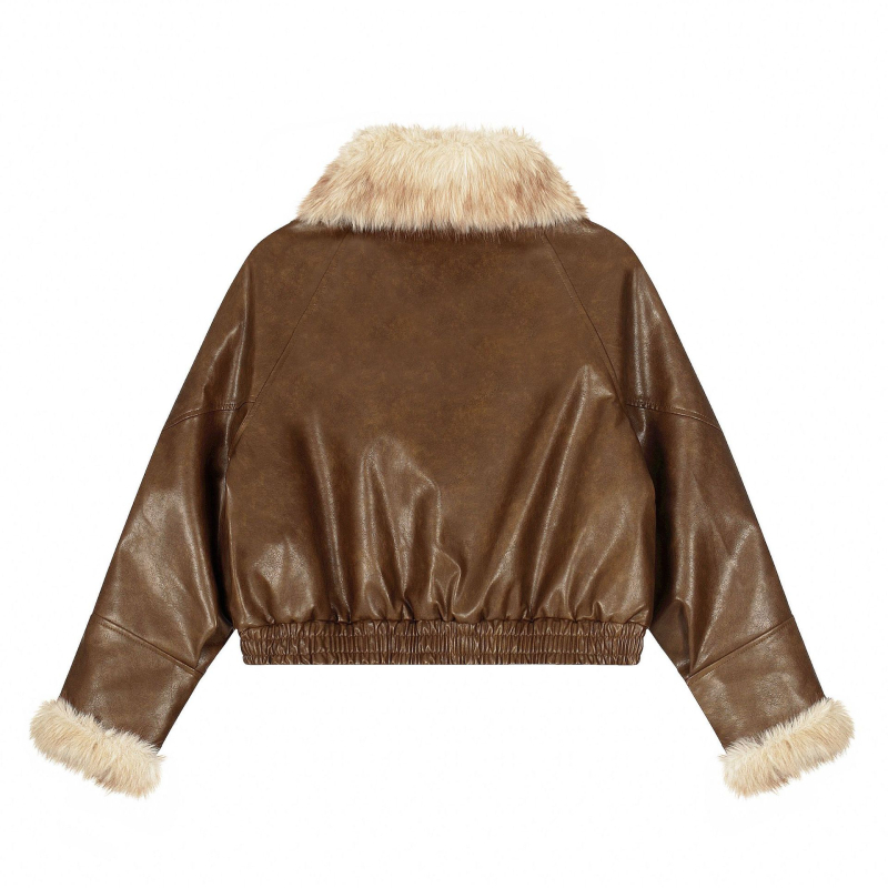 Ženska jakna od lažne PU kože sa fleece podstavom, ovratnik s reverom, zatvarač, ¾ rukavi, gradski hipster stil
