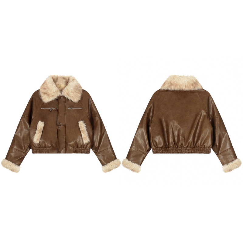 Ženska jakna od lažne PU kože sa fleece podstavom, ovratnik s reverom, zatvarač, ¾ rukavi, gradski hipster stil