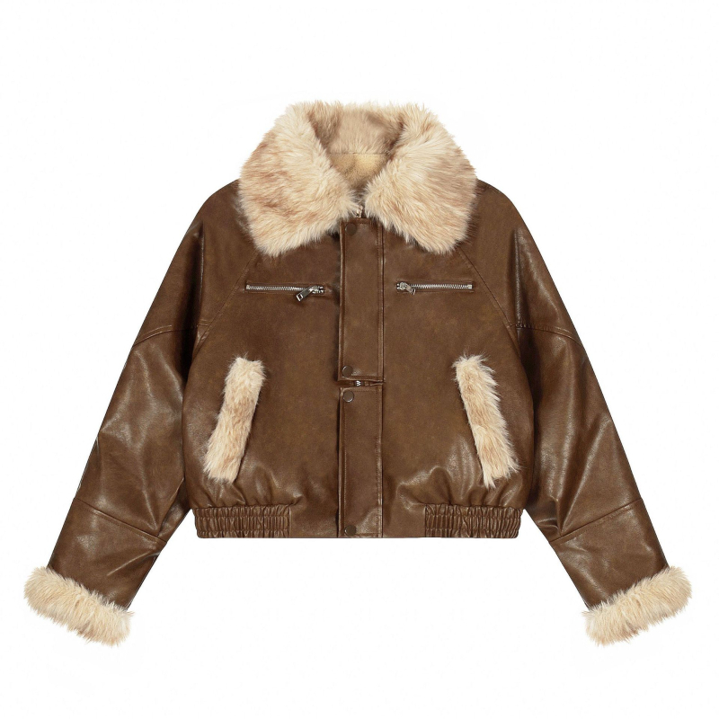 Ženska jakna od lažne PU kože sa fleece podstavom, ovratnik s reverom, zatvarač, ¾ rukavi, gradski hipster stil
