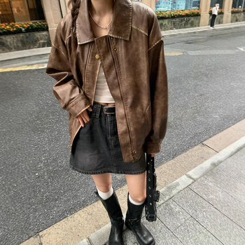 Ženska PU kožna jakna - polo ovratnik, dugi rukavi, labav kroj, retro stil, japansko-korejski casual stil