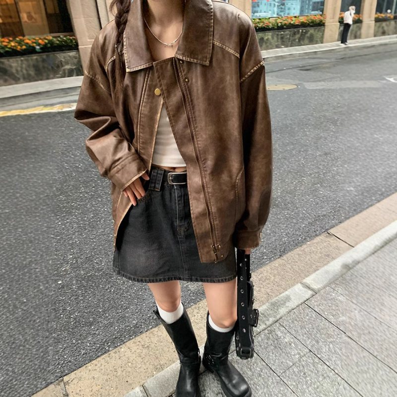 Ženska PU kožna jakna - polo ovratnik, dugi rukavi, labav kroj, retro stil, japansko-korejski casual stil