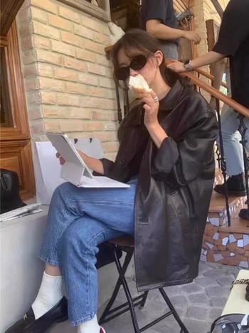 PU kožna jakna, retro stil, rever ovratnik, korejski stil, srednja duljina, dugi rukavi, za žene, jesen 2024
