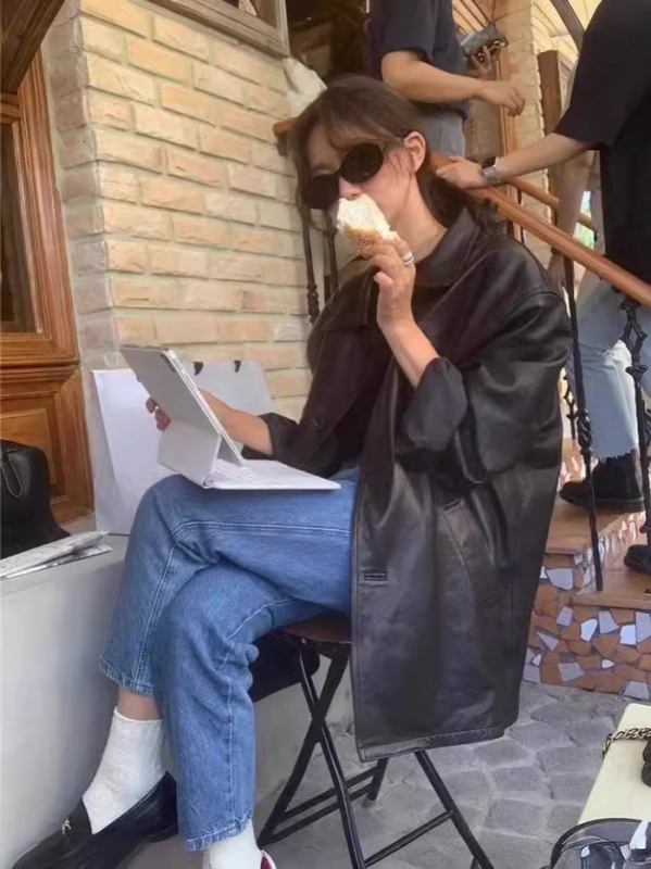 PU kožna jakna, retro stil, rever ovratnik, korejski stil, srednja duljina, dugi rukavi, za žene, jesen 2024