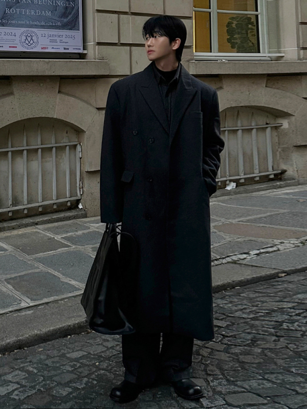 Kaput, korejskog stila, debeli vuneni smjesa, srednja duljina, dvostruko kopčanje, labav kroj