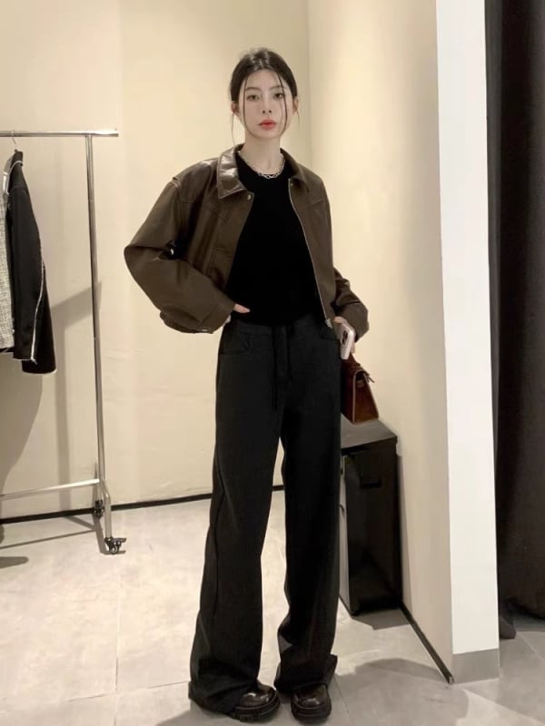 Ženska jakna od umjetne kože sa zatvaračem, ovratnik u stilu sakoa, duge rukave, poliester-mješavina