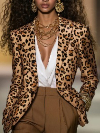 Ženski blejzer s leopard uzorkom, poliester tkanina, 95%+ poliester, ovratnik s lapel, zatvaranje na jedno dugme, dugi rukavi, ležerni stil