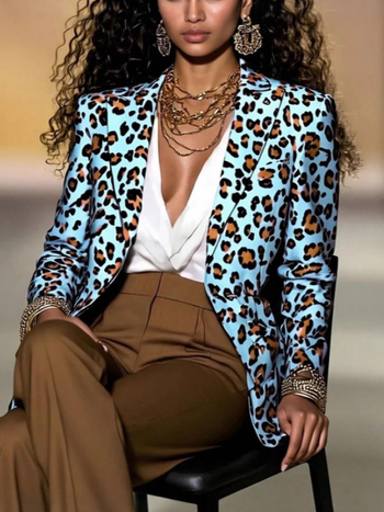 Ženski blejzer s leopard uzorkom, poliester tkanina, 95%+ poliester, ovratnik s lapel, zatvaranje na jedno dugme, dugi rukavi, ležerni stil
