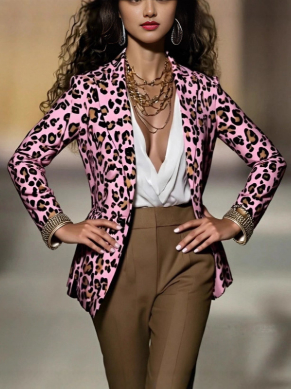 Ženski blejzer s leopard uzorkom, poliester tkanina, 95%+ poliester, ovratnik s lapel, zatvaranje na jedno dugme, dugi rukavi, ležerni stil