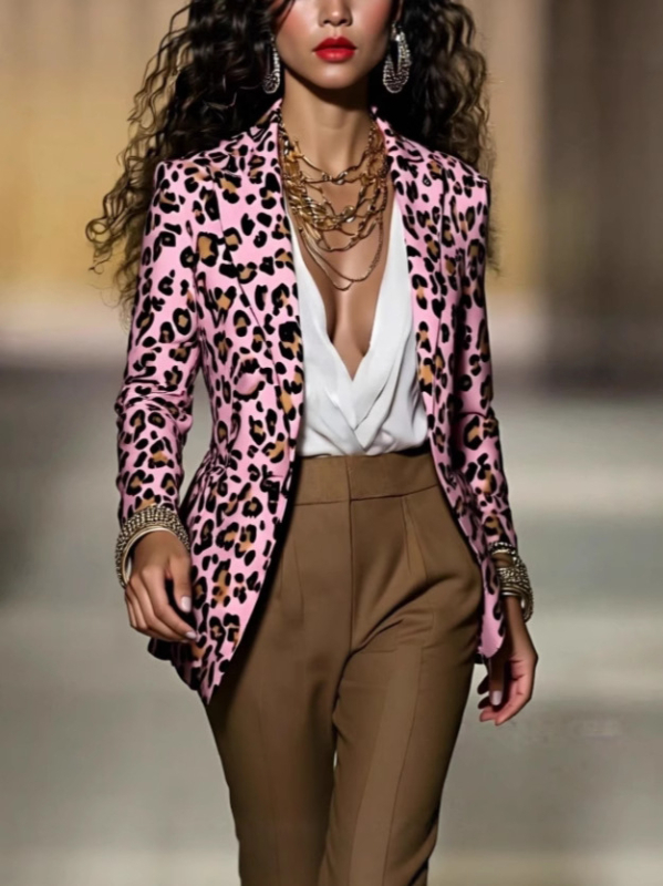 Ženski blejzer s leopard uzorkom, poliester tkanina, 95%+ poliester, ovratnik s lapel, zatvaranje na jedno dugme, dugi rukavi, ležerni stil