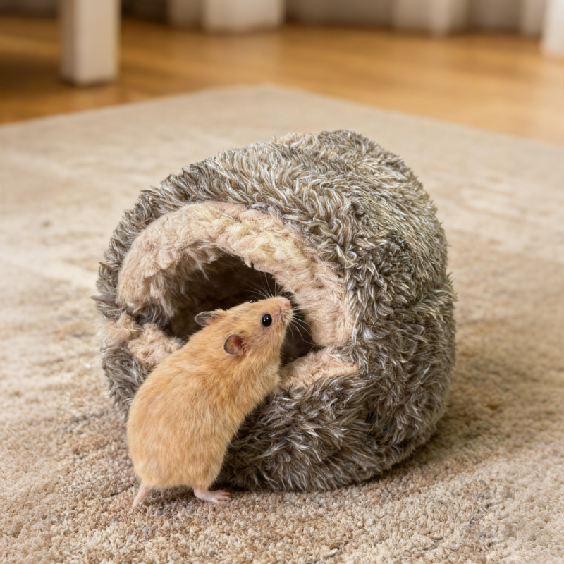 Hamsterovo zimsko gnijezdo: mala zatvorena kućica s ovčjim plišom za spavanje, zaštita od ugriza, debelo pamučno gnijezdo