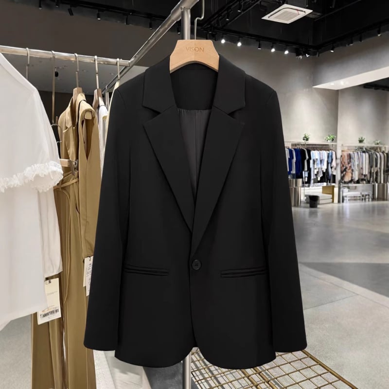 Ženski sako u korejskom stilu, Hepburn stil, ravni kroj, jedno dugme, klasičan ovratnik, dugi rukavi, proljeće i jesen 2025, poliester s 50–70% spandexa, uzorak 29454