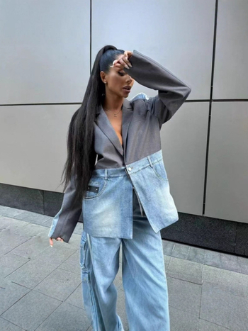 Ženski džins patchwork kostim s notch ovratnikom, jedno dugme, regular fit, pamuk 70–80%, duljina 50–65 cm