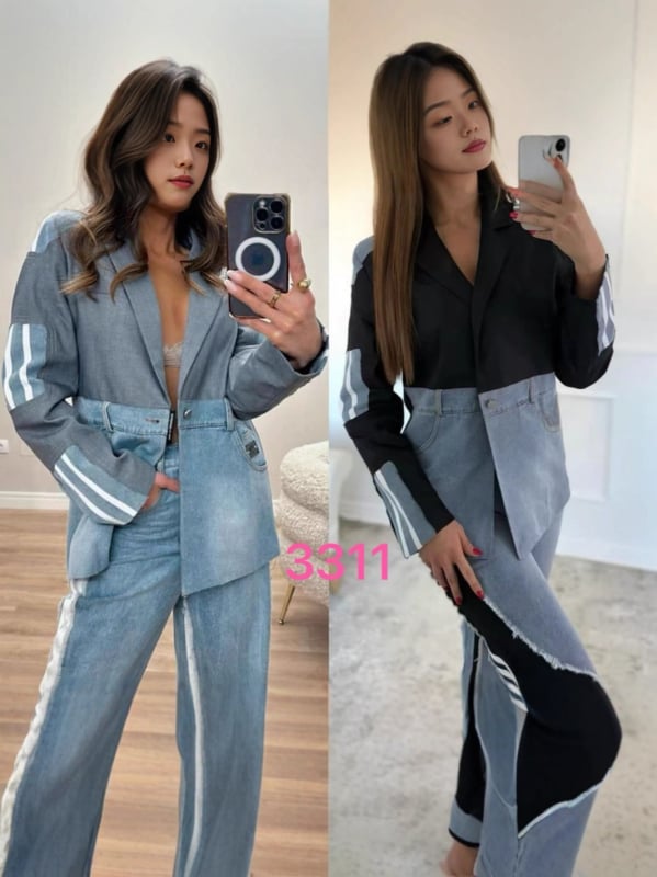 Ženski džins patchwork kostim s notch ovratnikom, jedno dugme, regular fit, pamuk 70–80%, duljina 50–65 cm