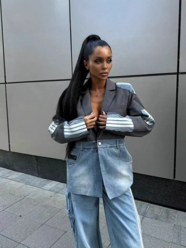 Ženski džins patchwork kostim s notch ovratnikom, jedno dugme, regular fit, pamuk 70–80%, duljina 50–65 cm