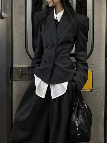 Žensko sako za odijelo s reverom, dvostruko kopčanje, dugi rukav, poliester-bavlna smjesa, elegantan gradski stil, jesen 2025