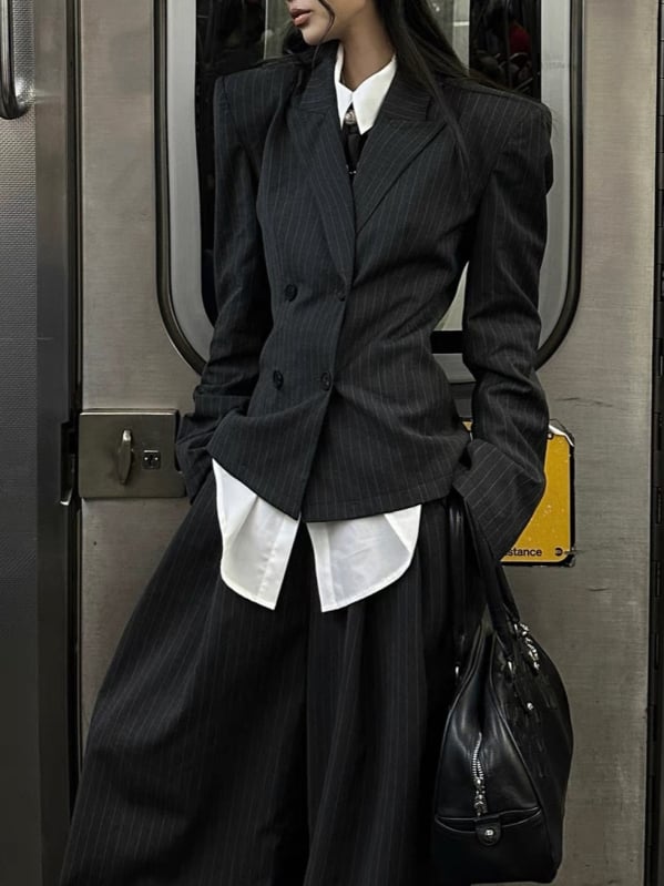 Žensko sako za odijelo s reverom, dvostruko kopčanje, dugi rukav, poliester-bavlna smjesa, elegantan gradski stil, jesen 2025