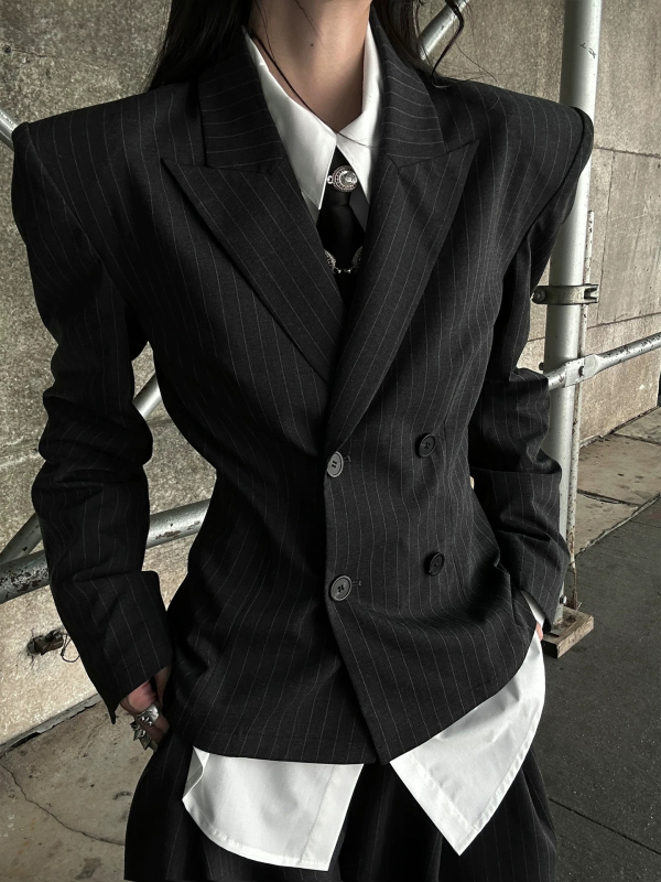 Žensko sako za odijelo s reverom, dvostruko kopčanje, dugi rukav, poliester-bavlna smjesa, elegantan gradski stil, jesen 2025