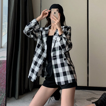 Ženski blejzer kariranog uzorka od pamuk-linen smjese, dugi rukavi, japansko-korejski ležerni stil