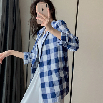 Ženski blejzer kariranog uzorka od pamuk-linen smjese, dugi rukavi, japansko-korejski ležerni stil