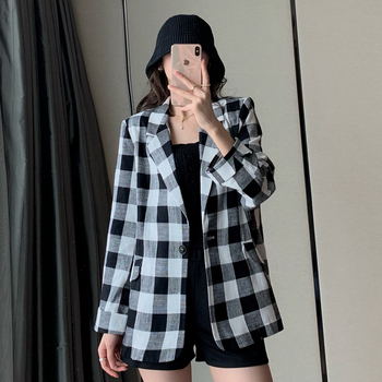 Ženski blejzer kariranog uzorka od pamuk-linen smjese, dugi rukavi, japansko-korejski ležerni stil