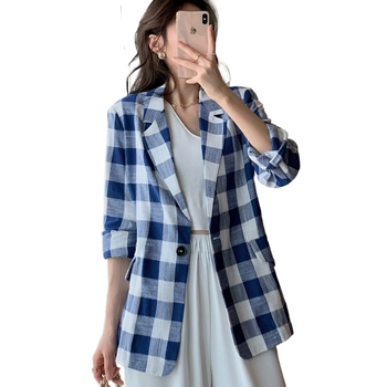 Ženski blejzer kariranog uzorka od pamuk-linen smjese, dugi rukavi, japansko-korejski ležerni stil