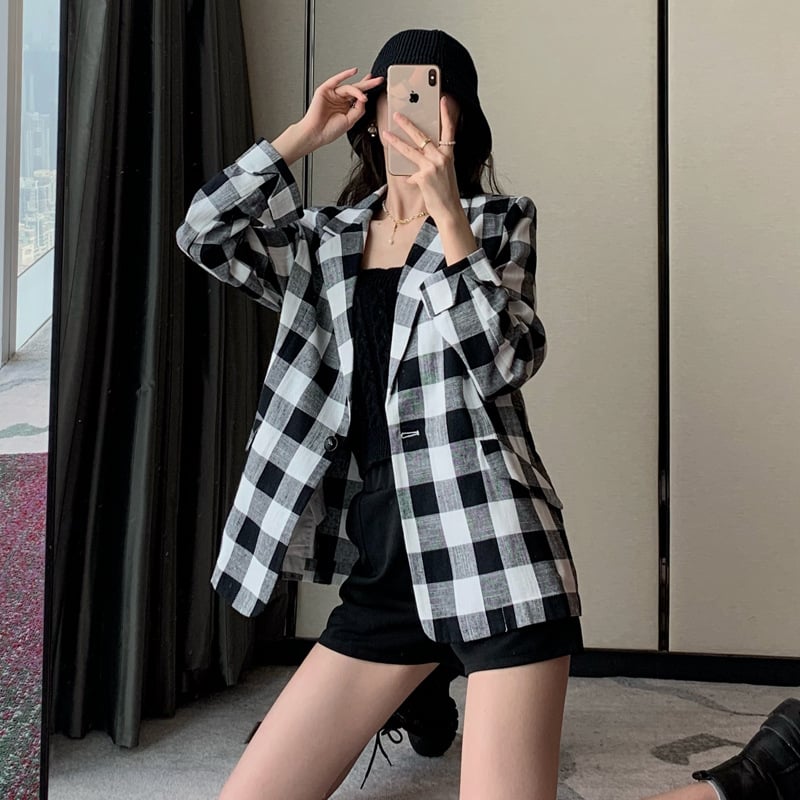 Ženski blejzer kariranog uzorka od pamuk-linen smjese, dugi rukavi, japansko-korejski ležerni stil