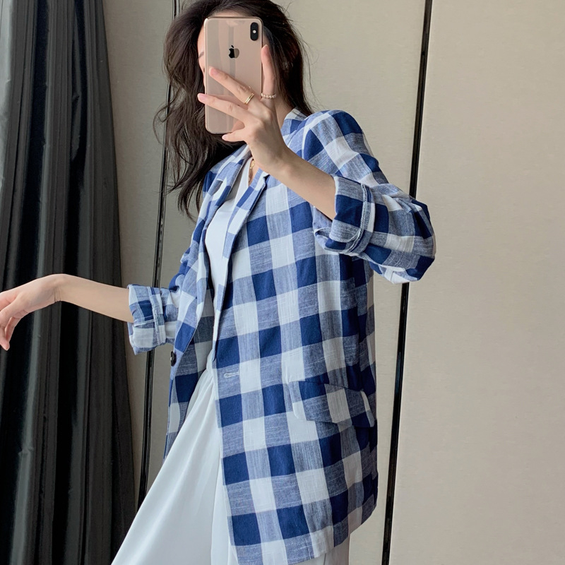 Ženski blejzer kariranog uzorka od pamuk-linen smjese, dugi rukavi, japansko-korejski ležerni stil