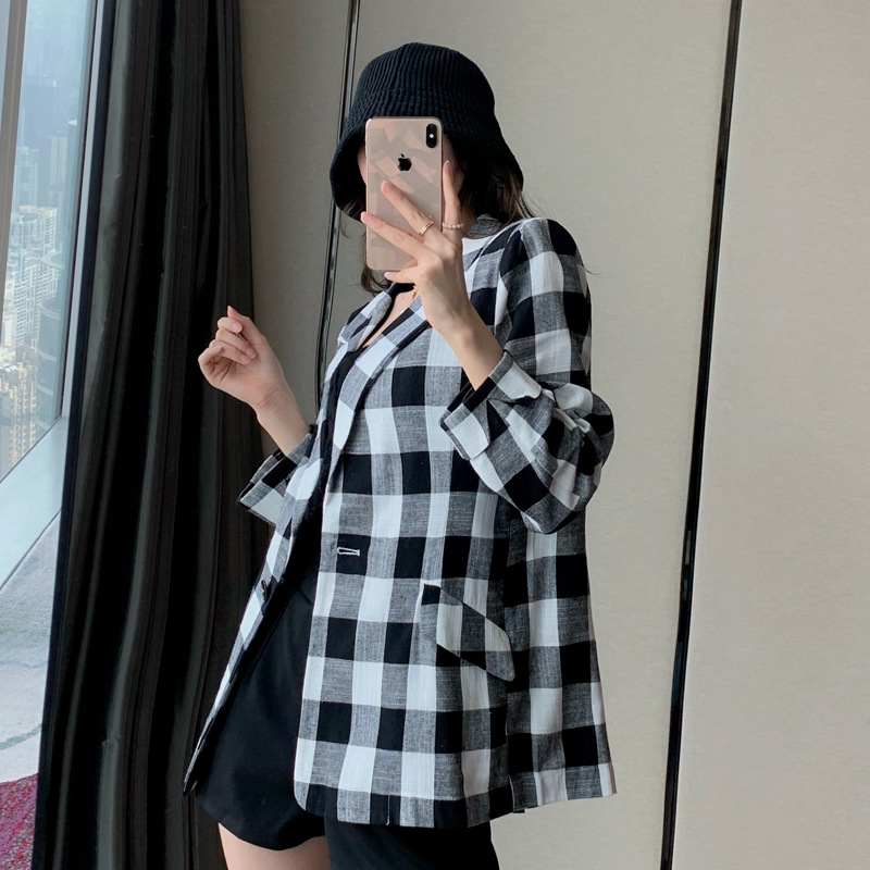 Ženski blejzer kariranog uzorka od pamuk-linen smjese, dugi rukavi, japansko-korejski ležerni stil