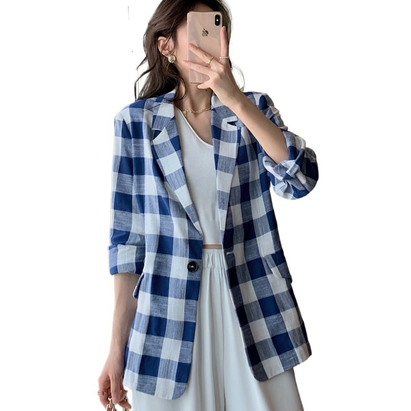 Ženski blejzer kariranog uzorka od pamuk-linen smjese, dugi rukavi, japansko-korejski ležerni stil
