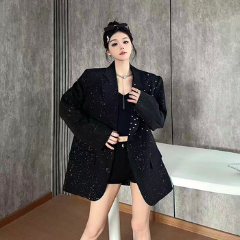 Blazer korejskog stila s Gypsophila šljokicama, ležernog kroja, polo ovratnik, tkanina od pamuka i elastana