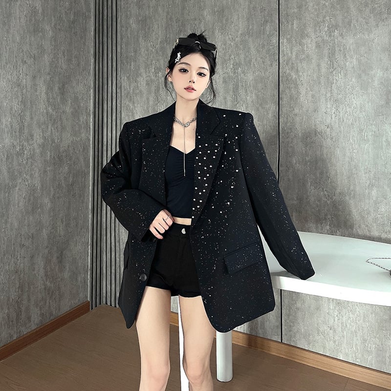 Blazer korejskog stila s Gypsophila šljokicama, ležernog kroja, polo ovratnik, tkanina od pamuka i elastana