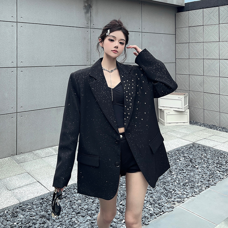 Blazer korejskog stila s Gypsophila šljokicama, ležernog kroja, polo ovratnik, tkanina od pamuka i elastana