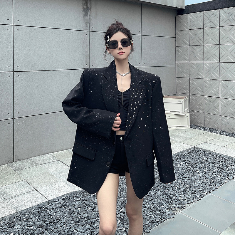 Blazer korejskog stila s Gypsophila šljokicama, ležernog kroja, polo ovratnik, tkanina od pamuka i elastana