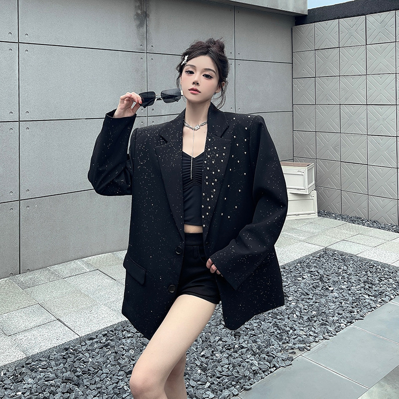 Blazer korejskog stila s Gypsophila šljokicama, ležernog kroja, polo ovratnik, tkanina od pamuka i elastana