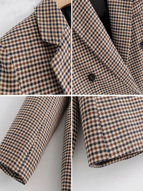 Női kockás blézer, karcsú szabás, hosszú ujjú, Lapel gallér, poliészter-spandex keverék